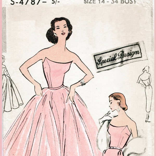 vintage sewing pattern reproduction 1950s 50s cocktail dress evening ball gown  slim or full skirt strapless bustier PICK YOUR SIZE xs s m l