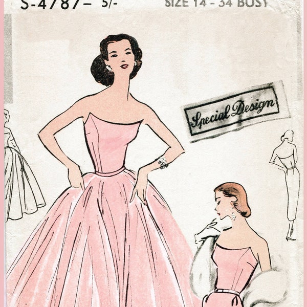 vintage sewing pattern 1950s 50s cocktail dress evening ball gown  slim or full skirt strapless bustier Bust 34  reproduction