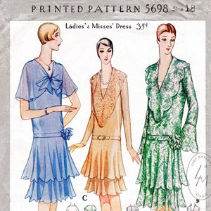 vintage sewing pattern 1920s 20s party dress / reproduction / 4 styles / drop waist flapper dress / tiered flounce skirt / bust 36