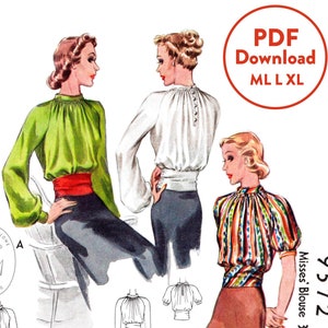 May include: A vintage sewing pattern for a blouse with a gathered neckline and long sleeves. The pattern is for sizes ML and XL and is available as a PDF download. The pattern is illustrated with three women wearing different versions of the blouse.