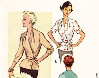 vintage sewing pattern 1950s 50s  wrap blouse short or 3/4 sleeve PICK YOUR SIZE Bust 32 34 36 38
