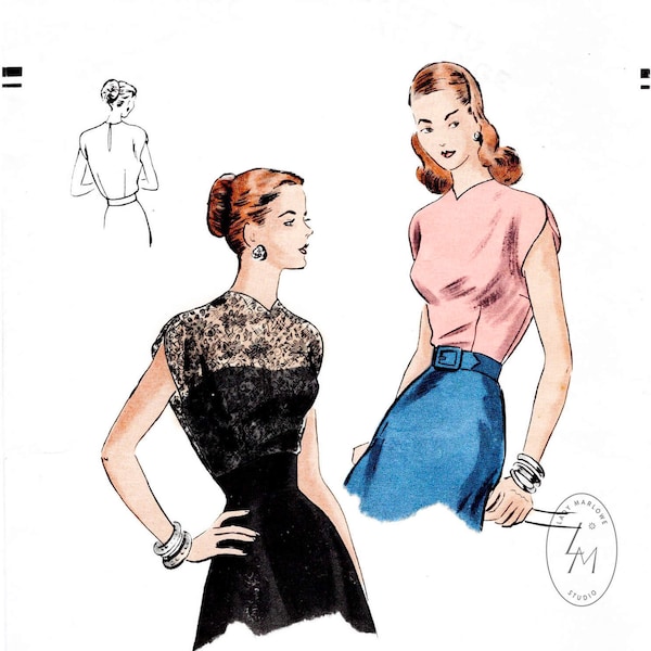 1940 vintage sewing pattern 1940s Blouse cap sleeves fitted bodice, easy to make reproduction / bust 32 34 36 38