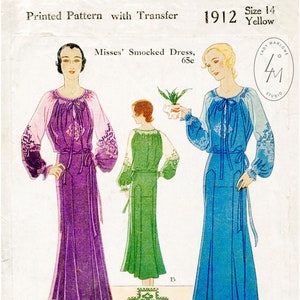 May include: A vintage sewing pattern for a smocked dress. The pattern is for a misses' size 14 dress and is from 1912. The pattern is printed on a yellow background with a black and white illustration of a woman wearing the dress. The pattern includes instructions for making the dress and a transfer for the smocking design.