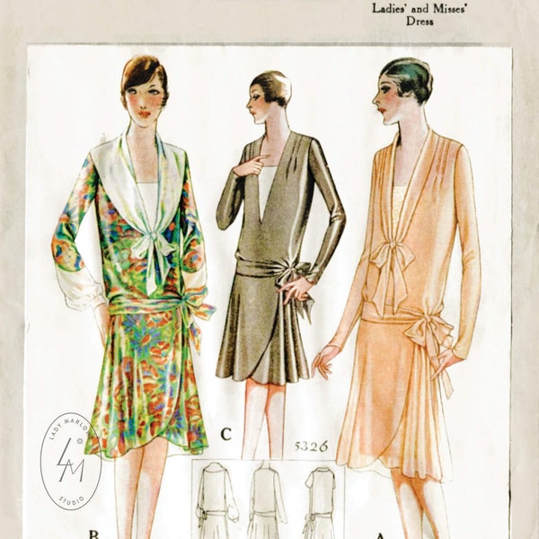 vintage sewing pattern 1920s 20s 1928  flapper day dress tie collar bust 40 b40