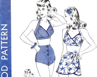 1950s 50s vintage sewing pattern / bikini retro bathing suit & wrap skirt / high waist shorts / Bust 32 34 36 38 40