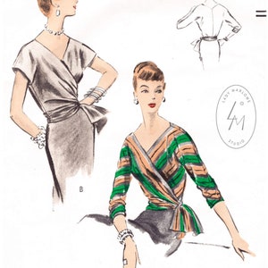 May include: Vintage sewing pattern for a wrap dress with a V-neckline and 3/4 sleeves. The pattern is for size 16, 34 bust. The pattern is illustrated with two drawings of women wearing the dress. One drawing shows a grey dress with short sleeves and the other shows a green and brown striped dress with 3/4 sleeves. The pattern is from Lady Marlowe Studio.