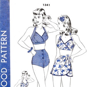 1950s 50s vintage sewing pattern / bikini retro bathing suit & wrap skirt / high waist shorts / Bust 32 34 36 38 40