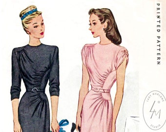 1940 vintage sewing pattern 1940s dress reproduction // asymmetric drapery ruching // bust 32 34 36 38 40 // English & French