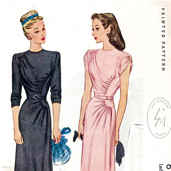 1940 vintage sewing pattern 1940s dress reproduction // asymmetric drapery ruching // bust 32 34 36 38 40 // English & French