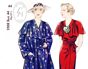 vintage sewing pattern 1930s 30s  day dress ruffle capelet coat ensemble  bust 44 reproduction/ 1930