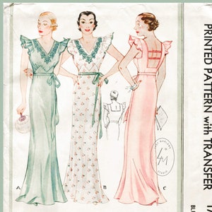 1930s 30s vintage frock sewing pattern gown negligee ruffle sleeves SZ MEDIUM Bust 34 B34 bust 36 b36 reproduction