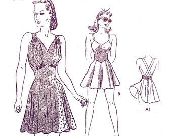 Puede incluir: Un patrón de costura vintage para un vestido sin mangas con escote en V y falda completa. El patrón incluye tres vistas diferentes del vestido, con una vista que presenta un estampado de lunares. El patrón está etiquetado como "1041" y "Current Classic".