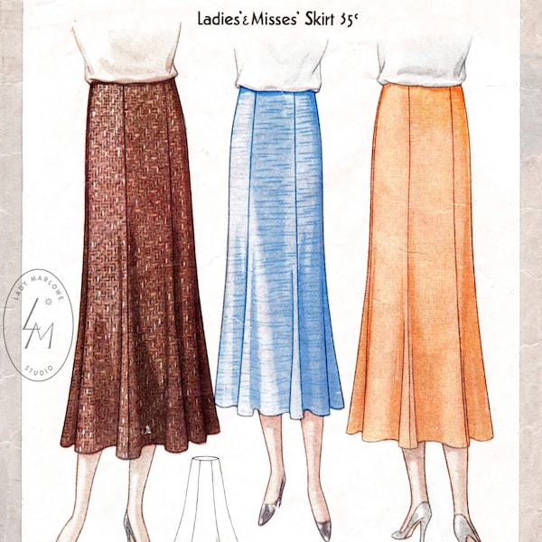 1930s 30s  pattern // 6 piece gored skirt with flounce hem // vintage sewing pattern reproduction // XS S M L XL