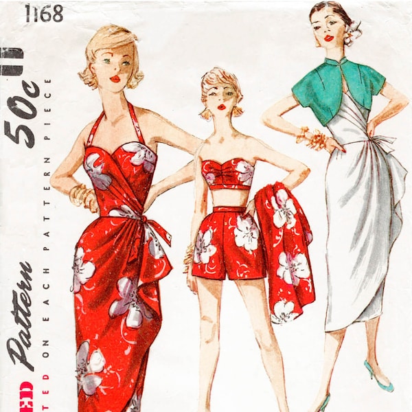 vintage sewing pattern 1950s 1960s vintage sarong dress sewing pattern  bra shorts & jacket pin up beachwear bust 32 34 36 38 40