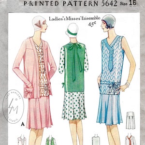 May include: Vintage sewing pattern for a Ladies & Misses Ensemble, size 16. The illustration shows three flapper-style dresses in pink, green, and blue, with matching accessories. The pattern includes a jacket and a dress with a bow.