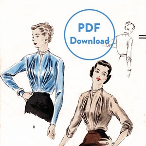 May include: Vintage sewing pattern featuring illustrations of two blouses. One is light blue, the other is beige. Both have long sleeves and a high neckline. The pattern includes the text "PDF Download" and the size information.
