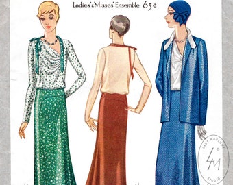 vintage sewing pattern 1930s 30s dress & jacket ensemble // reproduction // asymmetric details //draped gathers // box jacket // bust 32