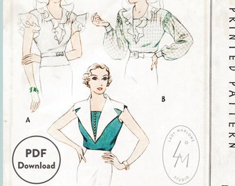 May include: Vintage sewing pattern for a Ladies' & Misses' Blouse, featuring three blouse designs with ruffled details and various sleeve styles. The pattern includes a PDF download option and is size 16, with a 35-inch bust. The pattern is from Lady Marlowe Studio.