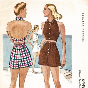 vintage sewing pattern 1940s 40s vintage beach playsuit sewing pattern halter high waist shorts  bust 32 b32 reproduction