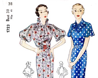 vintage sewing pattern 1930s dress reproduction // 2 styles // flutter sleeves // collar interest // bust 38/ 1930