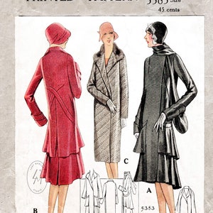 vintage sewing pattern 1920s flapper coat in 3 styles / decorative scarf / flounce hem / bust 32 34 36 38 40