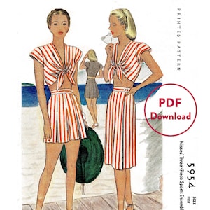 vintage sewing pattern 1940s 40s  repro // front tie crop top // playsuit high waist shorts // sun skirt // bust 34 // Instant Download