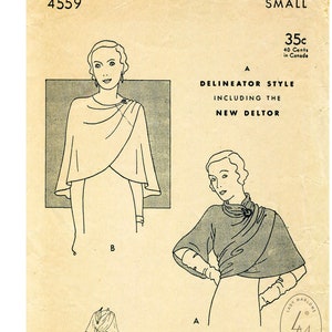 vintage sewing pattern 1930s 30s  cape shawl draped wrap size small bust 32 - 34 / reproduction / 1930