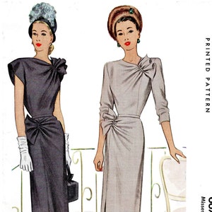 1940 vintage sewing pattern 1940s cocktail dress sewing pattern reproduction // asymmetric gathers // long or cap sleeves // bust 32