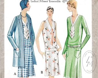 vintage sewing pattern 1920s 20s dress & jacket ensemble // reproduction // flapper dress // jabot tie collar// box coat // bust 34