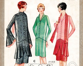 vintage sewing pattern 1920s 20s flapper dress reproduction // three styles // bell sleeves // scarf collar // drop waist // bust 36