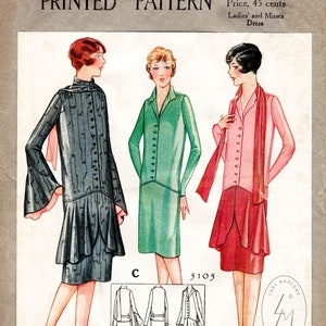 vintage sewing pattern 1920s 20s flapper dress reproduction // three styles // bell sleeves // scarf collar // drop waist // bust 36
