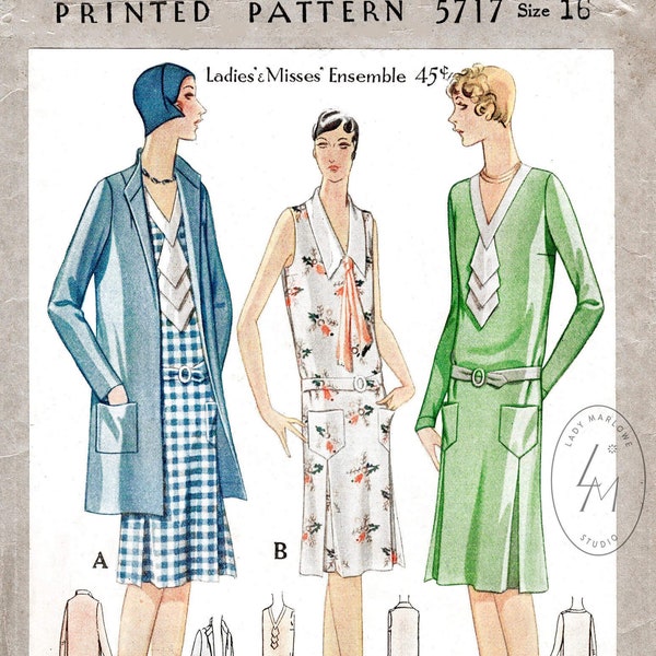 vintage sewing pattern 1920s 20s dress & jacket ensemble // reproduction // flapper dress // jabot tie collar// box coat // bust 34