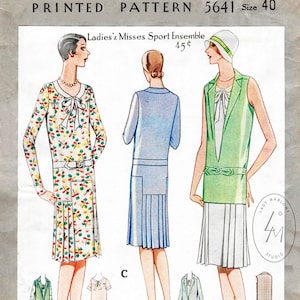 vintage sewing pattern 1920s 20s  sports dress & jacket ensemble // reproduction // flapper pleat skirt drop waist // bust 40