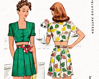 May include: A vintage sewing pattern for a two-piece play suit. The pattern is for a junior miss and features a cropped top with short sleeves and a skirt with pleats. The pattern is printed on paper and has a white background with black text. The pattern number is 6074 and the price is 50 cents.