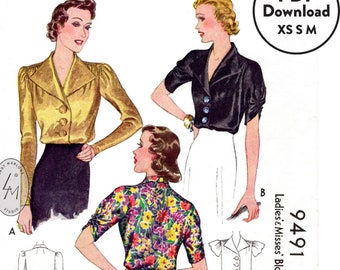 XS S M vintage sewing pattern 1930s 30s blouse button down top in 3 styles art deco sleeves PDF Instant Download