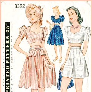 vintage sewing pattern 1940s 40s  crop top playsuit skirt high waisted shorts beach romper bust 32 b32