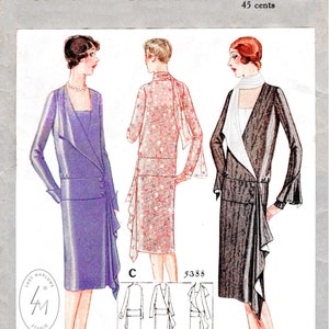 vintage sewing pattern 1920s 20s wrap dress reproduction // 3 styles // asymmetric draped collar // bust 38