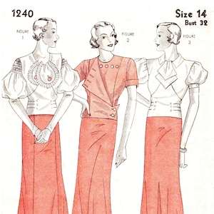 May include: A vintage sewing pattern for a dress with three different styles. The pattern is for size 14 with a bust measurement of 32 inches. The pattern includes instructions for making a dress with a white top and a red skirt.