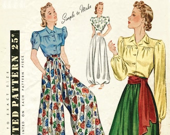 Patrón de costura vintage de los años 30 y 40: pantalones palazzo, pantalones de pierna ancha, blusa de salón, fajín, cinturón, busto 32 34 36 38 40