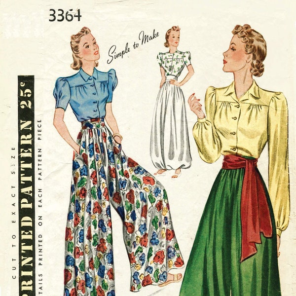 vintage sewing pattern 1930s 1940s  palazzo pants wide leg trousers lounge blouse sash belt bust 32 34 36 38 40