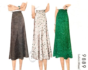 vintage sewing pattern 1930s 30s skirt // reproduction  // side zipper closing // 6 piece skirt // XXS XS S M L XL