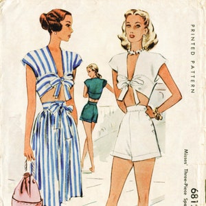 1940s 40s vintage playsuit sewing pattern crop top skirt high waisted shorts beach romper bust 30 & 34 English French Instructions repro