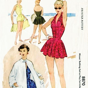 vintage sewing pattern 1950s 50s vintage swimsuit sewing pattern one piece halter playsuit bathing suit beach romper swimwear  bust 34 b34