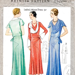 Jaren 1930 jaren 30 jurk // vintage naaipatroon reproductie // 4 stijlen // dag of avond // gedrapeerde kraag // art deco naden // buste 34