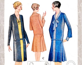 1920s 20s dress vintage sewing pattern reproduction // 3 styles // flapper dress // drop waist // tie collar // bust 36 38 40 42 44