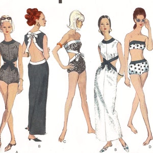 1960s pattern 4 piece set / beachwear / backless dress / bikini swimsuit / vintage sewing pattern reproduction / Bust 32 34 36 38 40