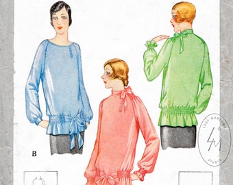 modello di cucito vintage 1920s riproduzione anni '20 // flapper blusa dettaglio shirring // maniche raglan // colletto cravatta // busto 32 34 36 38 40