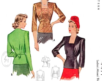 1940 vintage sewing pattern 1940s 40s blouse pattern //   // 3 styles // day or evening // 3/4 sleeves // bust 30 32 34 36 38