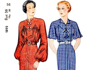 1930s 30 dress vintage sewing pattern  // 2 styles // lantern sleeves // flounce hem // art deco seams // bust 36/ 1930