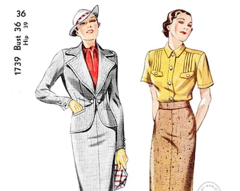 May include: A vintage illustration of two women's outfits. The first outfit is a gray skirt suit with a red blouse. The second outfit is a yellow blouse with a brown skirt. Both outfits are long and have a 1940s style. The illustration includes the text "1739 Bust 36 Hip 39 Price 15...9d Lady Marlowe Studio Made in U.S.A. NRA".